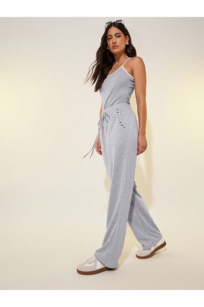 Styli Letter Embroidered Drawstring Waist Wide Leg Pants