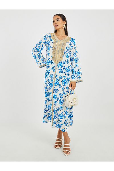 Keenly By Styli Embroidered Lace Details Floral Print A-Line Jalabiya