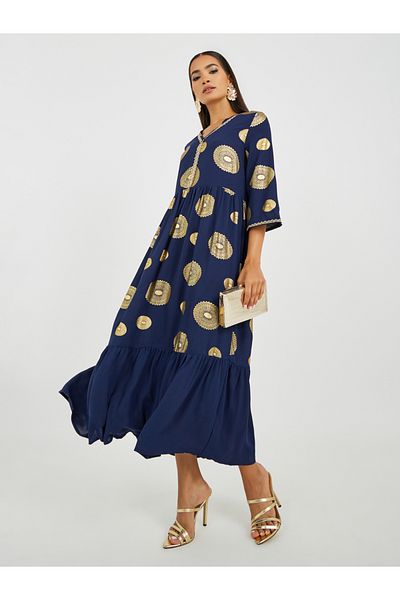 Keenly By Styli Foil Print Ruffled Hem V-Neck A-Line Jalabiya
