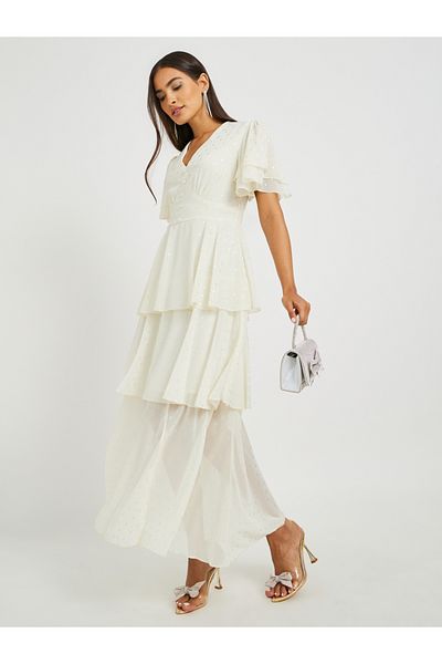Styli Self Design Flared Sleeves Tiered Maxi Dress