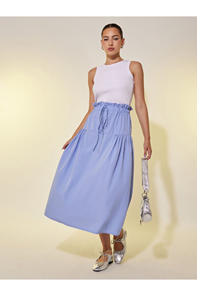Styli Solid Lettuce Edge Waistband A-Line Midi Skirt