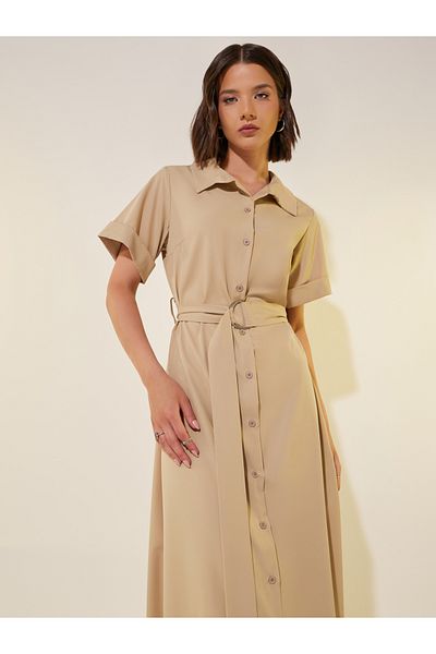Styli Solid Short Sleeve Belted Midi Shirt Dress