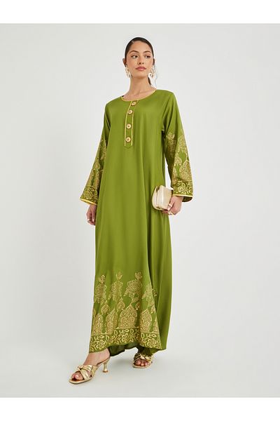 Maxim Creation By Styli Foil Block Print Round Neck Jalabiya with Button Detail