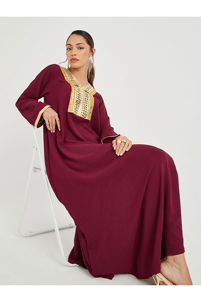 Styli Mirror Work Lace Detail V Neck Jalabiya