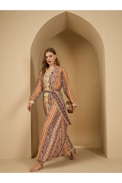 Styli Paisley Print Lace Trim Jalabiya with Fabric Belt