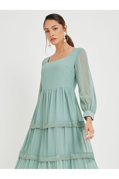 Styli Plain Lace Detail Long Sleeves Tiered Maxi Dress