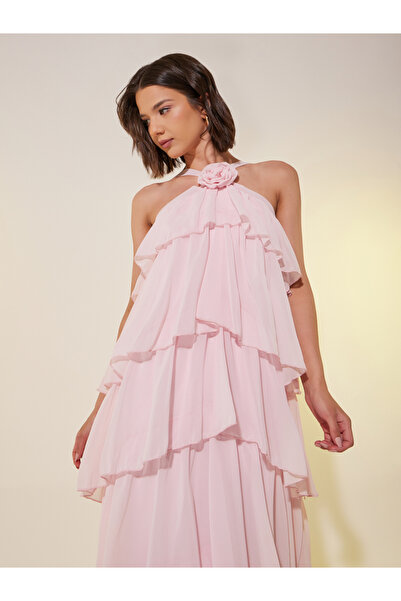 Styli Women Pink Solid Halter Neck Tiered Maxi Dress with Corsage Detail