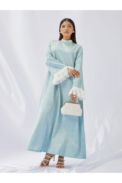 Styli Jacquard Stand Collared Jalabiya with Tassel Trim