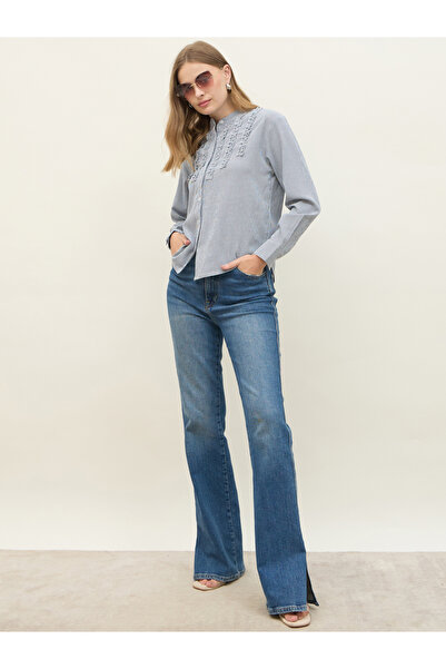 Styli قميص مخطط بقصّة عادية وياقة ماندرين