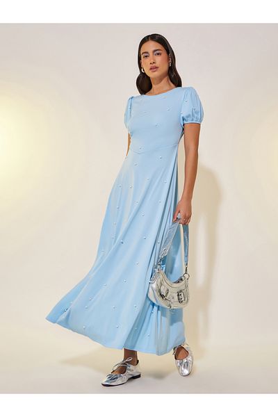 Styli Faux Pearl Embellished Puff Sleeve Maxi Dress