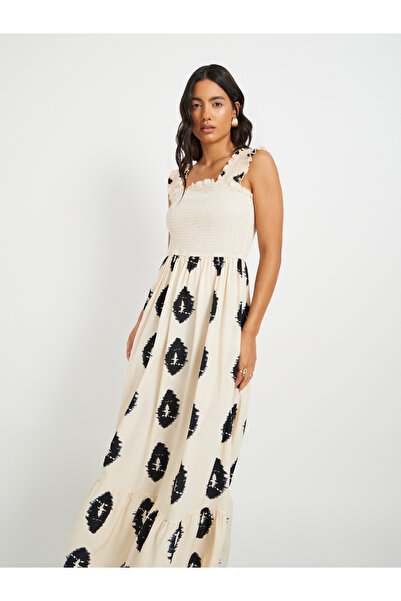 Styli Printed Sleeveless A-Line Maxi Dress with Smocked Detail