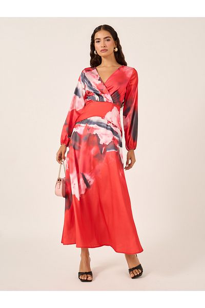Styli Abstract Print Cuffed Sleeves A-Line Maxi Dress