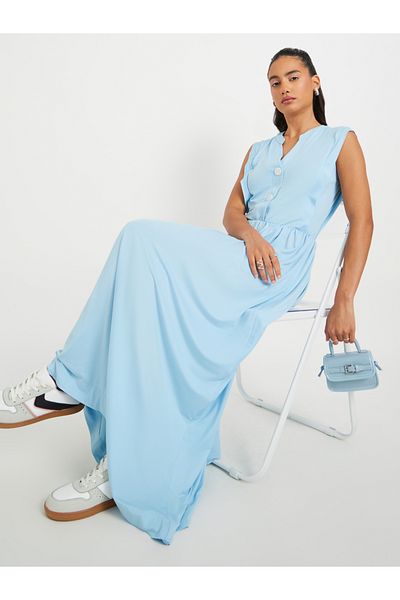 Styli Solid V Neck Button Detail A-Line Maxi Dress