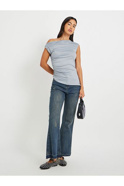 Styli Solid One Shoulder Gathered Detail Blouse