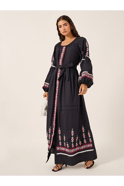 Styli Embroidered Long Sleeves A-Line Maxi Dress