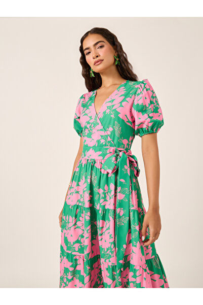 Styli Floral Print Puff Sleeves Wrap Look Tiered Midi Dress