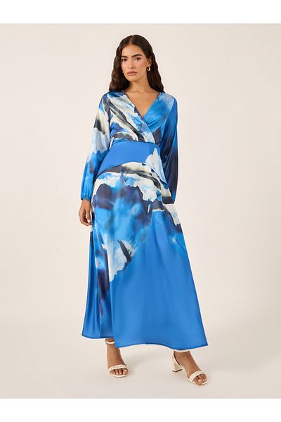 Styli Abstract Print Cuffed Sleeves A-Line Maxi Dress