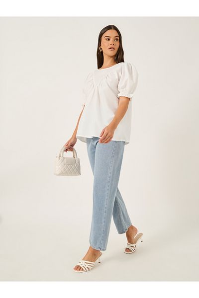 Styli Solid Puff Sleeves Top with Smocked Cuffs