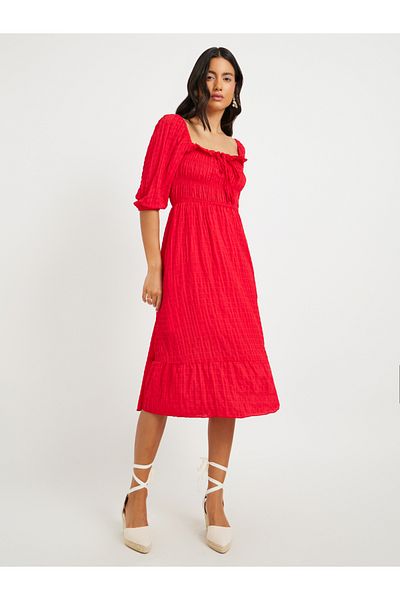 Styli Texture Square Collar Ruffle Trim Midi Dress