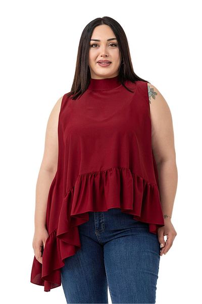 DISENTIS MODEST Large Size Asymmetrical Cut Skirt Ruffled Half Standing Collar Burgundy Blouse