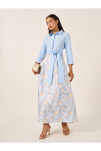Styli Floral Print 3/4 Sleeves A-Line Maxi Dress with Tie Detail