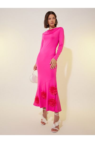Styli Solid Long Sleeves A-Line Midi Dress with Corsage Detail