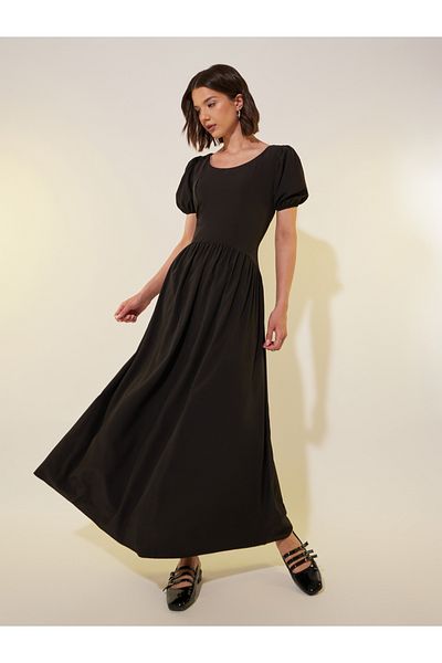 Styli Solid Puff Sleeves Round Neck A-Line Maxi Dress