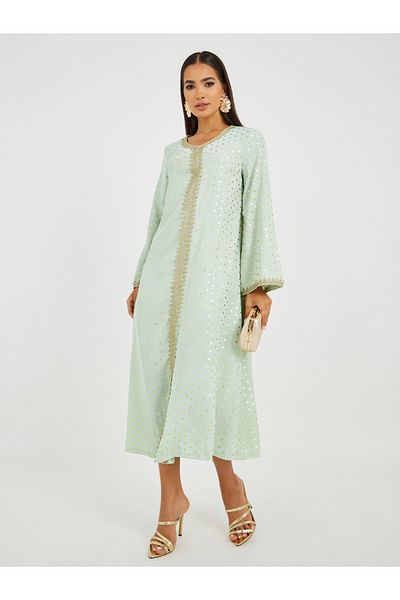 Keenly By Styli Foil Polka Dot Print Lace Insert Long Sleeve Jalabiya