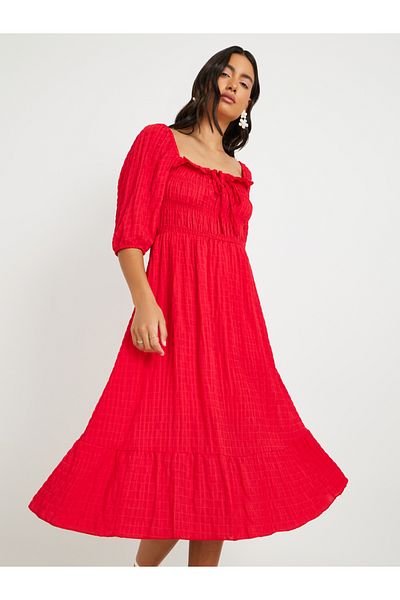 Styli Texture Square Collar Ruffle Trim Midi Dress