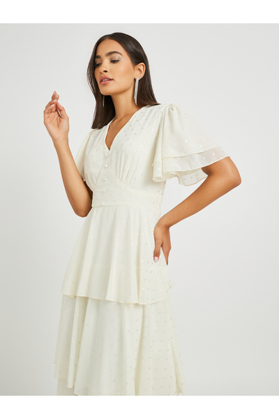 Styli Self Design Flared Sleeves Tiered Maxi Dress