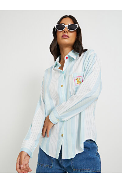 Styli قميص مخطط مطرز بتفاصيل جيوب كبيرة الحجم