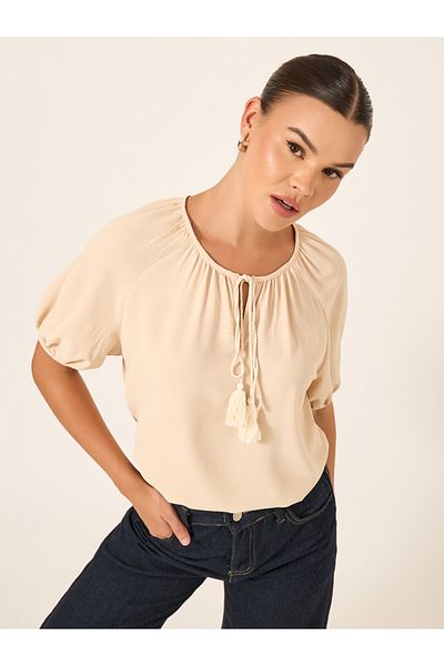 Styli Puff Sleeve Tie-Up Neck Blouse
