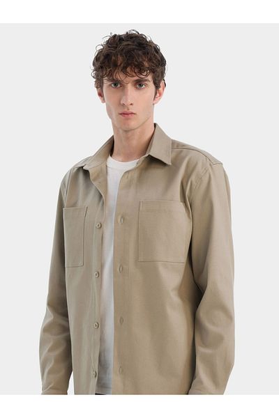 DeFacto Mens Khaki Button-Down Long Sleeve Shirt