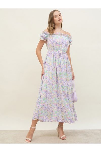 Styli Floral Printed Off Shoulder Midi Dress