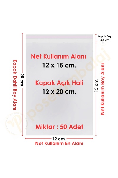 CarpCorn 12x15+5 cm.(12x20) 50 Adet Şeffaf Bantlı Yapışkanlı OPP Poşet
