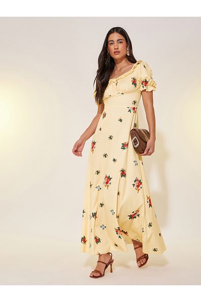 Styli Floral Print Ruffled Detail Puff Sleeve Maxi Dress