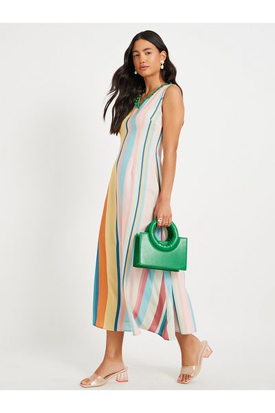 Styli Striped V-Neck Sleeveless A-Line Midi Dress