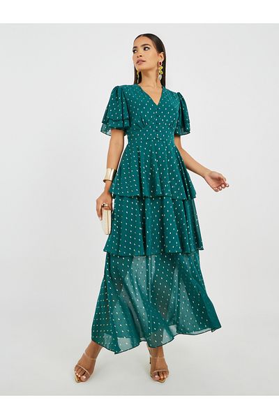 Styli Self Design Flared Sleeves Tiered Maxi Dress