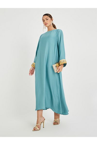 Styli Crinkled Lace Hem Wide Sleeves Jalabiya