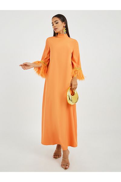 Styli Faux Feather Trim Jalabiya with Lace Detail