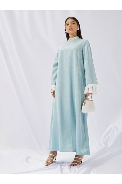 Styli Jacquard Stand Collared Jalabiya with Tassel Trim