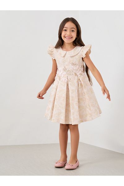 Styli Jaquard Lace Detail Embellished Pleated Dress