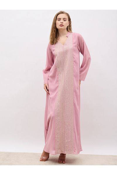 Styli Sequin Embroidered Panelled Jalabiya with Collar