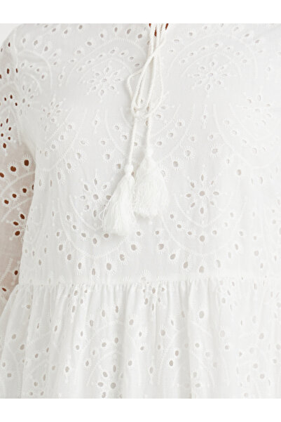 Keenly By Styli Schiffli Embroidered Tie-Up Neck A-Line Midi Dress