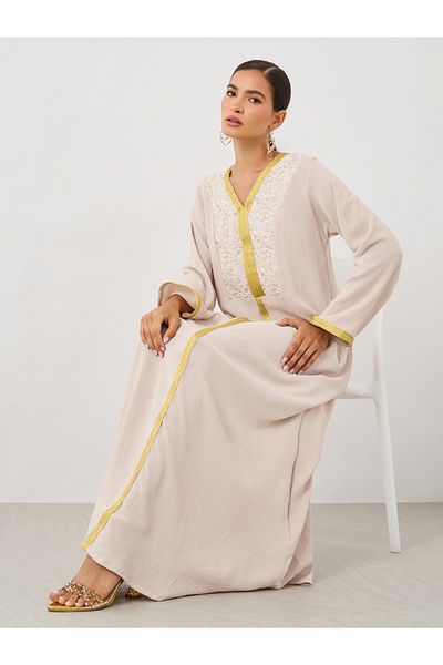 Styli Textured Embroidered A-Line Jalabiya with Lace Detail