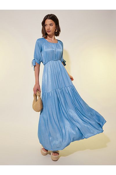 Styli Solid Puff Sleeves A-Line Midi Dress