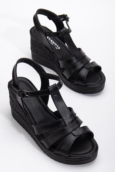 Dilimler Ayakkabı Women's Wedge Heel Sandals Shoes Black 3-Striped Hard Hat