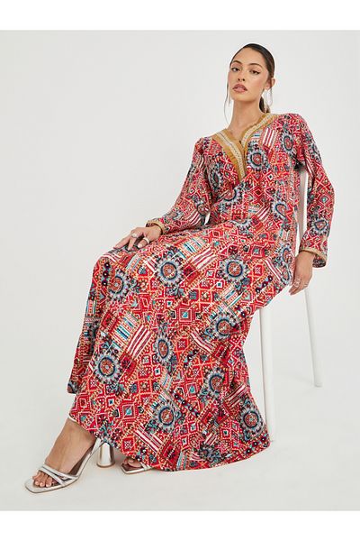 Maxim Creation By Styli Haute Couture Abstract Print V Neck Jalabiya with Lace Detail