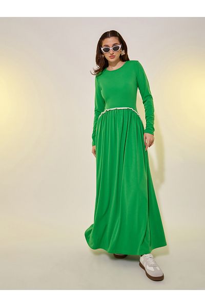 Styli Faux Pearl Trim Long Sleeve A-Line Maxi Dress