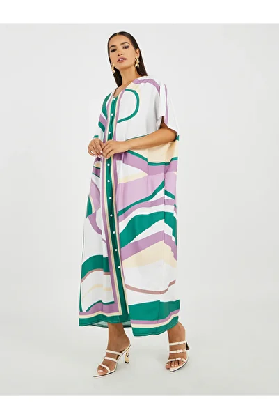 Keenly By Styli All-Over Print V-Neck Kaftan Dress